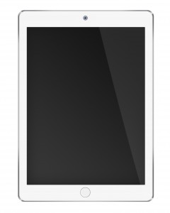 Realistic tablet computer with black screen.